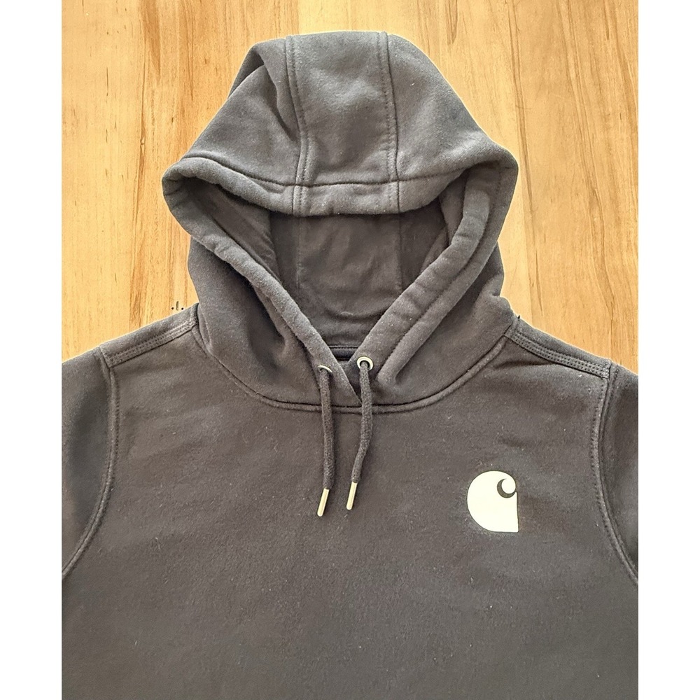 Womens Carhartt Size Large 12-14 Logo Sleeve Hoodie Black Relaxed Fit Sweatshirt - Picture 7 of 11